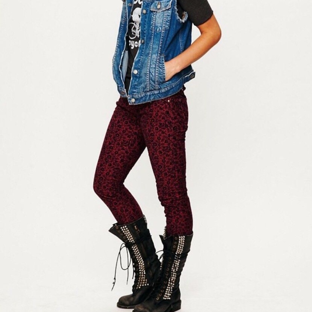 Free People Red Floral Print Skinny Corduroy Pants - Picture 3 of 8